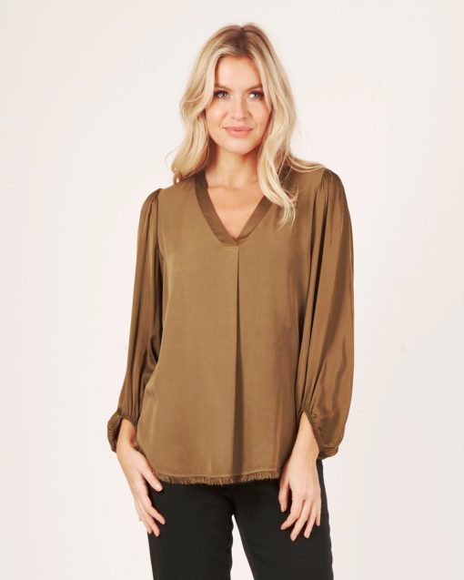 Wendy V Neck Viscose Top With Satin Sleeve