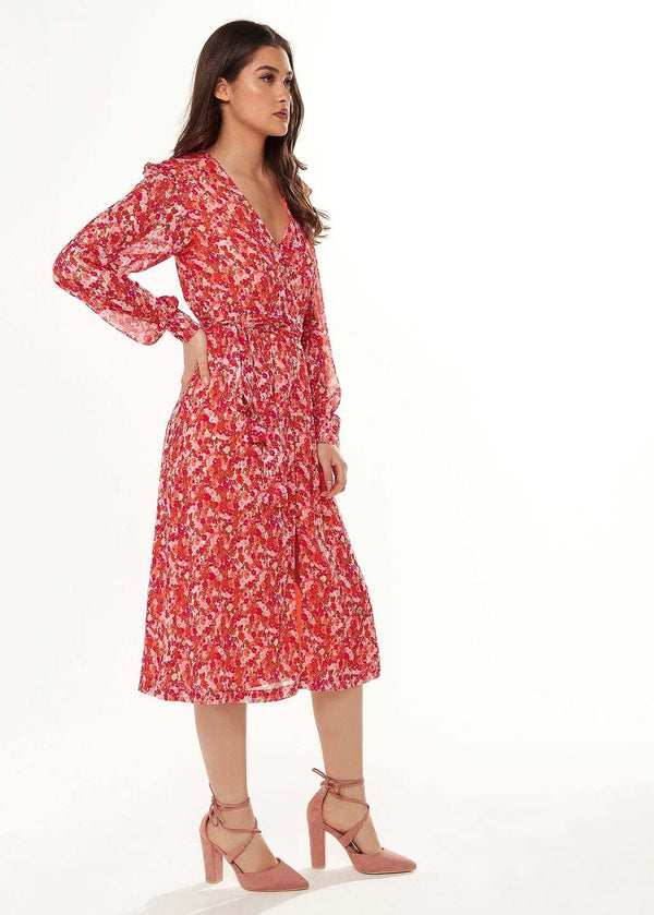 Floral & Foil Print Midi Dress- Red