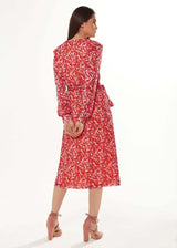 Floral & Foil Print Midi Dress- Red