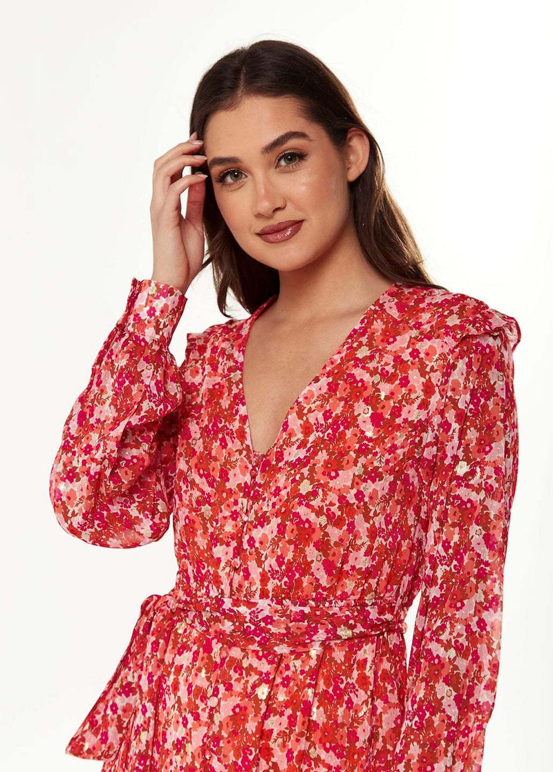 Floral & Foil Print Midi Dress- Red