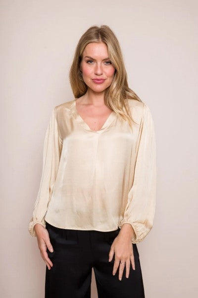 WILLOW SATIN V NECK BALLOON SLEEVE TOP